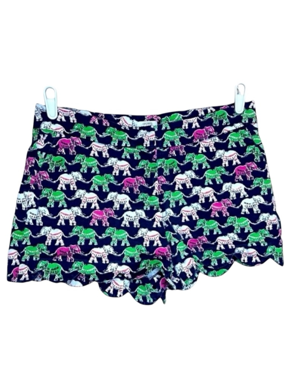 Crown & Ivy Elephant Print Scalloped Hem Shorts Navy Size 8 Coastal Resort